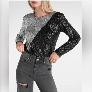 NWT Express Silver and Black Sequin Bodysuit Long Sleeve Woman's Size Small